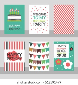 Set of 6 cute creative cards templates with Happy birthday theme design. Hand Drawn card for birthday, anniversary, party invitations, scrapbooking. Vector illustration