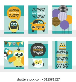 Set of 6 cute creative cards templates with Happy birthday theme design. Hand Drawn card for birthday, anniversary, party invitations, scrapbooking. Vector illustration