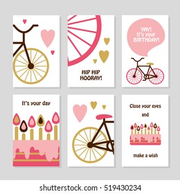 Set of 6 cute creative cards templates with Happy birthday theme design. Hand Drawn card for birthday, anniversary, party invitations, scrapbooking. Vector illustration