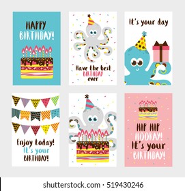 Set of 6 cute creative cards templates with Happy birthday theme design. Hand Drawn card for birthday, anniversary, party invitations, scrapbooking. Vector illustration