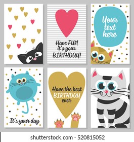 Set of 6 cute creative cards templates with Happy birthday theme design. Hand Drawn card for birthday, anniversary, party invitations, scrapbooking. Vector illustration