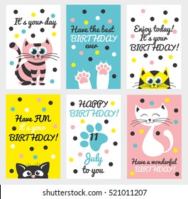 Set of 6 cute creative cards templates with Happy birthday theme design. Hand Drawn card for birthday, anniversary, party invitations, scrapbooking. Vector illustration