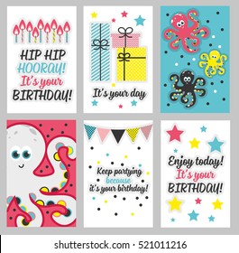 Conjunto de 6 adorables plantillas de tarjetas creativas con el diseño del tema Feliz cumpleaños. Tarjeta Destitución de Mano para cumpleaños, aniversario, invitaciones a fiestas, scrapbooking. Ilustración del vector
