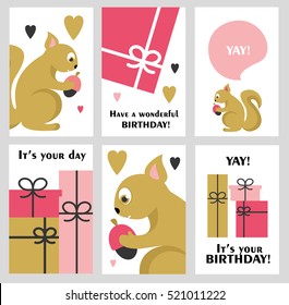 Set of 6 cute creative cards templates with Happy birthday theme design. Hand Drawn card for birthday, anniversary, party invitations, scrapbooking. Vector illustration