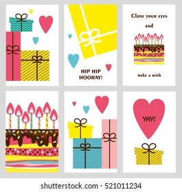 Set of 6 cute creative cards templates with Happy birthday theme design. Hand Drawn card for birthday, anniversary, party invitations, scrapbooking. Vector illustration