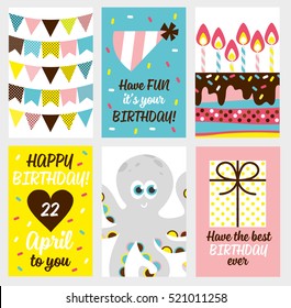 Set of 6 cute creative cards templates with Happy birthday theme design. Hand Drawn card for birthday, anniversary, party invitations, scrapbooking. Vector illustration