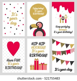 Set of 6 cute creative cards templates with Happy birthday theme design. Hand Drawn card for birthday, anniversary, party invitations, scrapbooking. Vector illustration