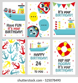 Set of 6 cute creative cards templates with Happy birthday theme design. Hand Drawn card for birthday, party invitations, scrapbooking. Vector illustration
