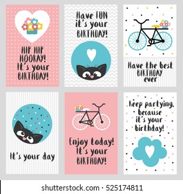 Set of 6 cute creative cards templates with Happy birthday theme design. Hand Drawn card for birthday, anniversary, party invitations, scrapbooking. Vector illustration