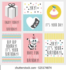 Conjunto de 6 adorables plantillas de tarjetas creativas con el diseño del tema Feliz cumpleaños. Tarjeta Destitución de Mano para cumpleaños, aniversario, invitaciones a fiestas, scrapbooking. Ilustración del vector
