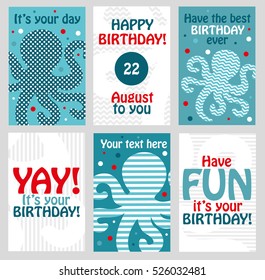 Set of 6 cute creative cards templates with Happy birthday theme design. Hand Drawn card for birthday, anniversary, party invitations, scrapbooking. Vector illustration