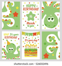 Set of 6 cute creative cards templates with Happy birthday theme design. Hand Drawn card for birthday, anniversary, party invitations, scrapbooking. Vector illustration