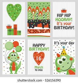Set of 6 cute creative cards templates with Happy birthday theme design. Hand Drawn card for birthday, anniversary, party invitations, scrapbooking. Vector illustration