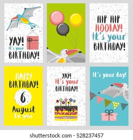 Set of 6 cute creative cards templates with Happy birthday theme design. Hand Drawn card for birthday, anniversary, party invitations, scrapbooking. Vector illustration