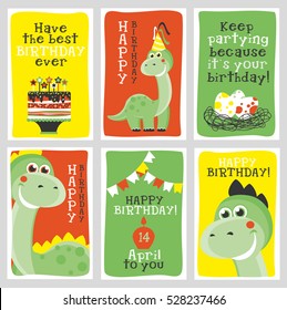 Set of 6 cute creative cards templates with Happy birthday theme design. Hand Drawn card for birthday, anniversary, party invitations, scrapbooking. Vector illustration