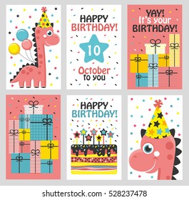 Set of 6 cute creative cards templates with Happy birthday theme design. Hand Drawn card for birthday, anniversary, party invitations, scrapbooking. Vector illustration