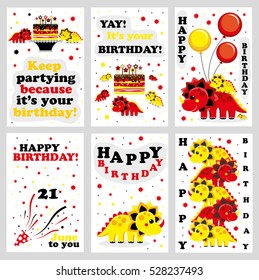 Set of 6 cute creative cards templates with Happy birthday theme design. Hand Drawn card for birthday, anniversary, party invitations, scrapbooking. Vector illustration