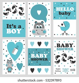 Set of 6 cute creative cards templates with baby shower theme design. Hand Drawn card for birthday, anniversary, party invitations, scrapbooking. Vector illustration