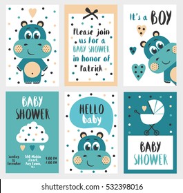 Set Of 6 Cute Creative Cards Templates With Baby Shower Theme Design. Hand Drawn Card For Birthday, Anniversary, Party Invitations, Scrapbooking. Vector Illustration