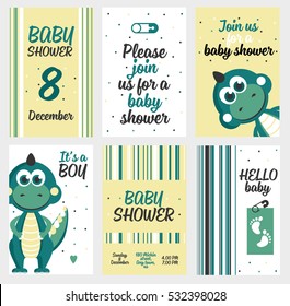 Set of 6 cute creative cards templates with baby shower theme design. Hand Drawn card for birthday, anniversary, party invitations, scrapbooking. Vector illustration