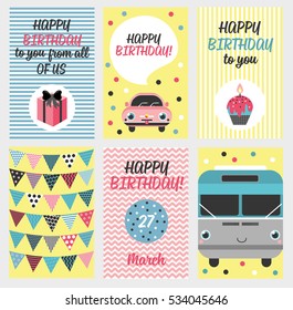 Set of 6 cute creative cards templates with Happy birthday theme design. Hand Drawn card for birthday, anniversary, party invitations, scrapbooking. Vector illustration