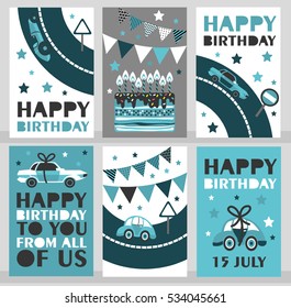 Set of 6 cute creative cards templates with Happy birthday theme design. Hand Drawn card for birthday, anniversary, party invitations, scrapbooking. Vector illustration