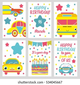 Set of 6 cute creative cards templates with Happy birthday theme design. Hand Drawn card for birthday, anniversary, party invitations, scrapbooking. Vector illustration