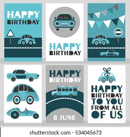 Set of 6 cute creative cards templates with Happy birthday theme design. Hand Drawn card for birthday, anniversary, party invitations, scrapbooking. Vector illustration