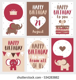 Set of 6 cute creative cards templates with Happy birthday theme design. Hand Drawn card for birthday, anniversary, party invitations, scrapbooking. Vector illustration