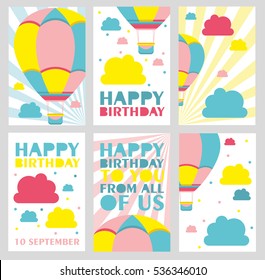 Set of 6 cute creative cards templates with Happy birthday theme design. Hand Drawn card for birthday, anniversary, party invitations, scrapbooking. Vector illustration