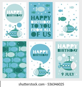 Set of 6 cute creative cards templates with Happy birthday theme design. Hand Drawn card for birthday, anniversary, party invitations, scrapbooking. Vector illustration