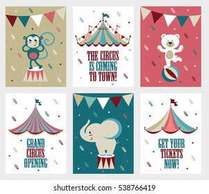 Set of 6 cute creative cards templates with circus theme design. Hand Drawn card for  party invitations, scrapbooking. Vector illustration