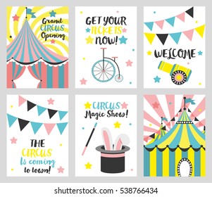 Set of 6 cute creative cards templates with circus theme design. Hand Drawn card for  party invitations, scrapbooking. Vector illustration