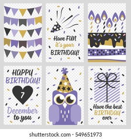 Set of 6 cute creative cards templates with Happy birthday theme design. Hand Drawn card for birthday, anniversary, party invitations, scrapbooking. Vector illustration