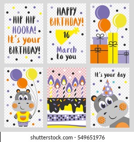 Set of 6 cute creative cards templates with Happy birthday theme design. Hand Drawn card for birthday, anniversary, party invitations, scrapbooking. Vector illustration