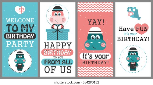 Set of 6 cute creative cards templates with Happy birthday theme design. Hand Drawn card for birthday, anniversary, party invitations, scrapbooking. Vector illustration