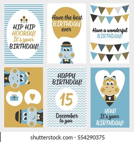 Conjunto de 6 modelos de cartões criativos bonitos com projeto tema de aniversário feliz. Cartão desenhado à mão para aniversário, aniversário, convites de festa, scrapbooking. Ilustração vetorial