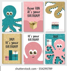 Set of 6 cute creative cards templates with Happy birthday theme design. Hand Drawn card for birthday, anniversary, party invitations, scrapbooking. Vector illustration