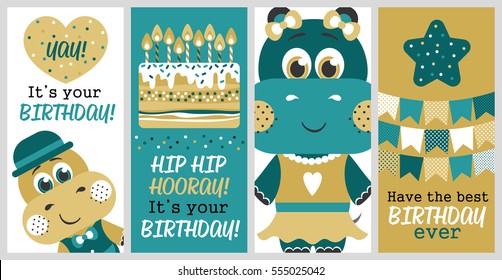 Set of 6 cute creative cards templates with Happy birthday theme design. Hand Drawn card for birthday, anniversary, party invitations, scrapbooking. Vector illustration