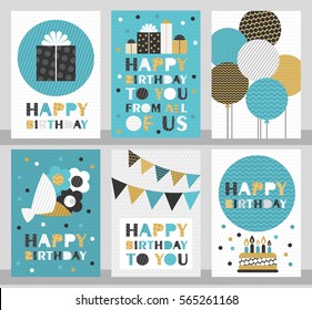 Set of 6 cute creative cards templates with Happy birthday theme design. Hand Drawn card for birthday, anniversary, party invitations, scrapbooking. Vector illustration