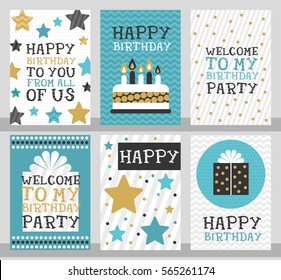 Set of 6 cute creative cards templates with Happy birthday theme design. Hand Drawn card for birthday, anniversary, party invitations, scrapbooking. Vector illustration