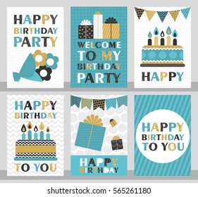 Set of 6 cute creative cards templates with Happy birthday theme design. Hand Drawn card for birthday, anniversary, party invitations, scrapbooking. Vector illustration