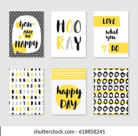 Set of 6 cute creative cards templates with lettering in gray and yellow colors. Vector illustration. Hand drawn card for birthday, anniversary, party invitations, scrapbook. 