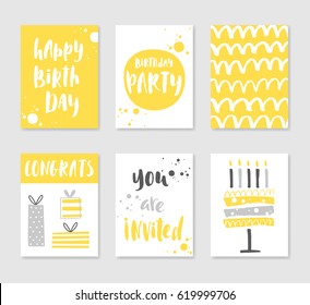 Set of 6 cute creative cards templates with birthday theme design in gray and yellow colors. Vector illustration. Hand drawn card for birthday, anniversary, party invitations, scrapbook. 