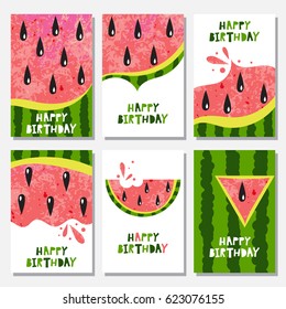 Set of 6 cute creative cards templates with watermelon. Vector illustration. Hand Drawn card for birthday.