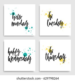 Set of 6 cute creative cards templates with days of week lettering in turquoise, gray and yellow colors. Vector illustration. Hand drawn card for birthday, anniversary, party invitations, scrapbook.