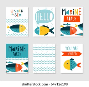 Set of 6 cute creative cards templates with marine theme design. Vector illustration. Hand Drawn card for birthday, anniversary, party invitations, scrapbook. Yellow, blue and orange