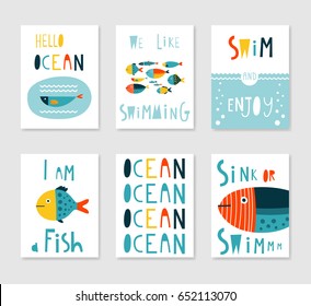 Set of 6 cute creative cards templates with ocean theme design. Vector illustration. Hand Drawn card for birthday, anniversary, party invitations, scrapbook. Yellow, blue and orange