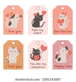 Set of 6 cute Valentine’s Day gift tags with adorable cats, hearts, and love messages in pastel colors. sweet touch to Valentine's Day gifts. 