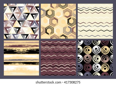 Set of 6 Cute different vector seamless patterns. Swirl, circles, brush strokes, squares, abstract geometric shapes. Polka dots and stripes. 